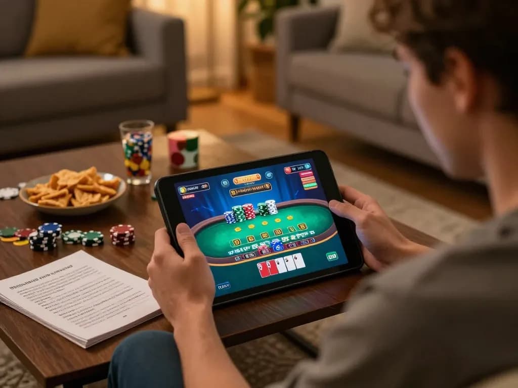 Player enjoying BL555's live dealer blackjack on a tablet in a cozy living room atmosphere.