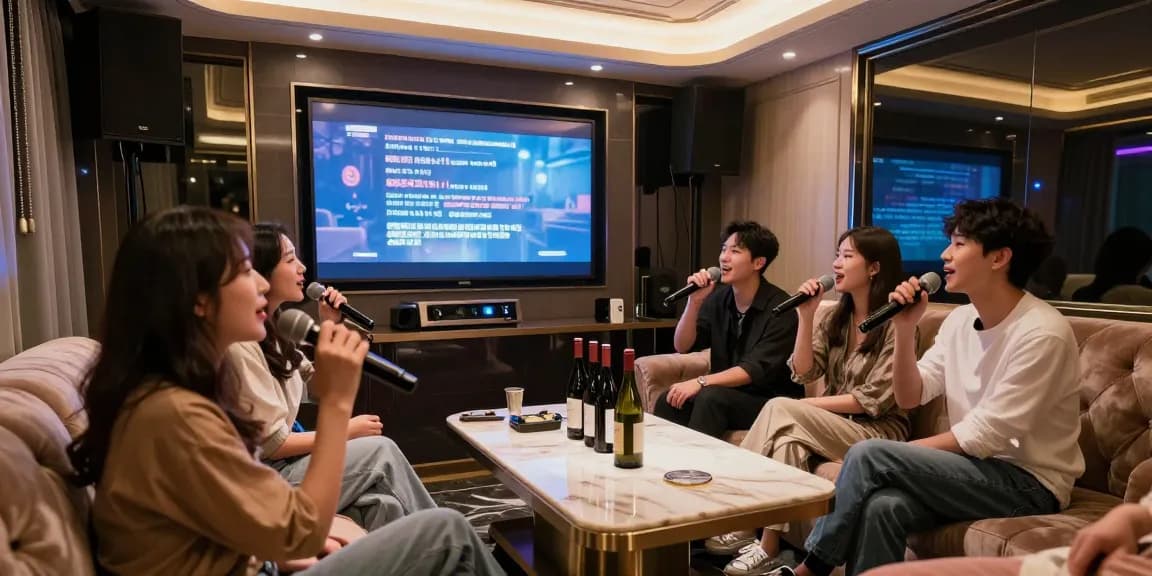 강남가라오케의 고급스러운 프라이빗 룸에서 친구들이 노래를 부르는 모습