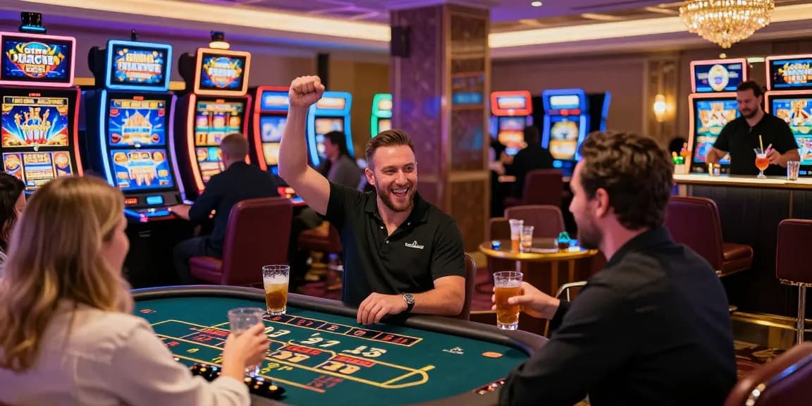 Exciting scene in a non UK casino with diverse players enjoying games, celebrating wins, and vibrant neon lights.