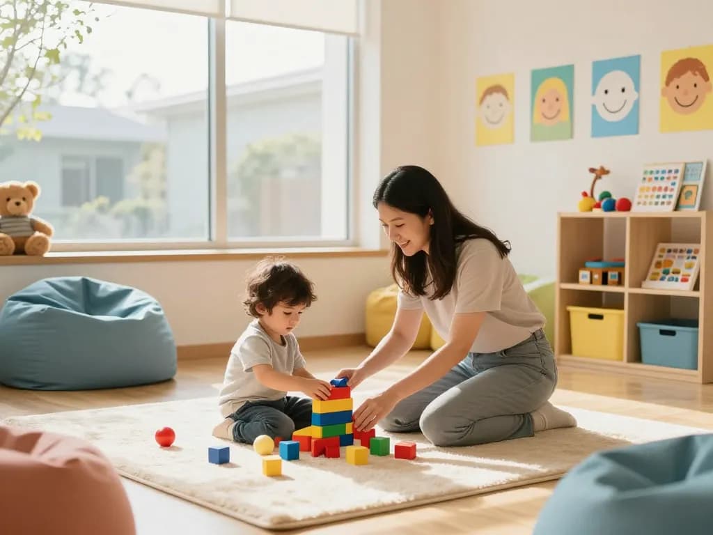 Occupational Therapy Sydney: A vibrant therapy room with a caring therapist engaging a child in playful learning activities.
