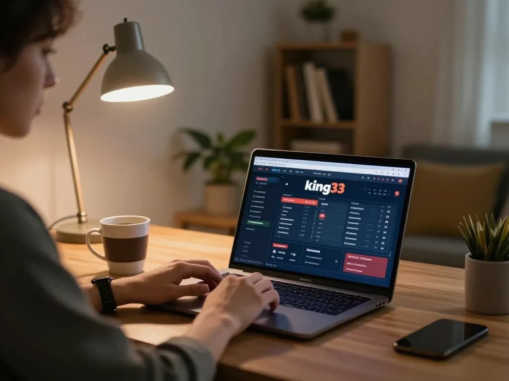 Person engaging in online betting at king33 while analyzing sports odds in a cozy home office.