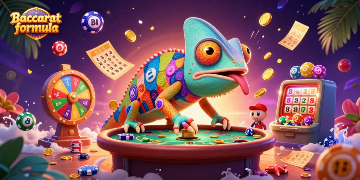 Experience the Baccarat formula through this vibrant 3D scene featuring a chameleon casino owner and lively gaming elements.