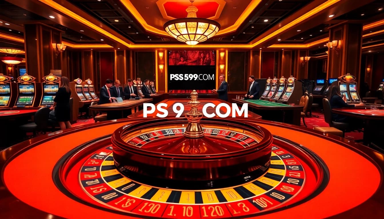 Experience high-stakes excitement at PS99COM with a luxurious casino scene featuring roulette and slot machines.