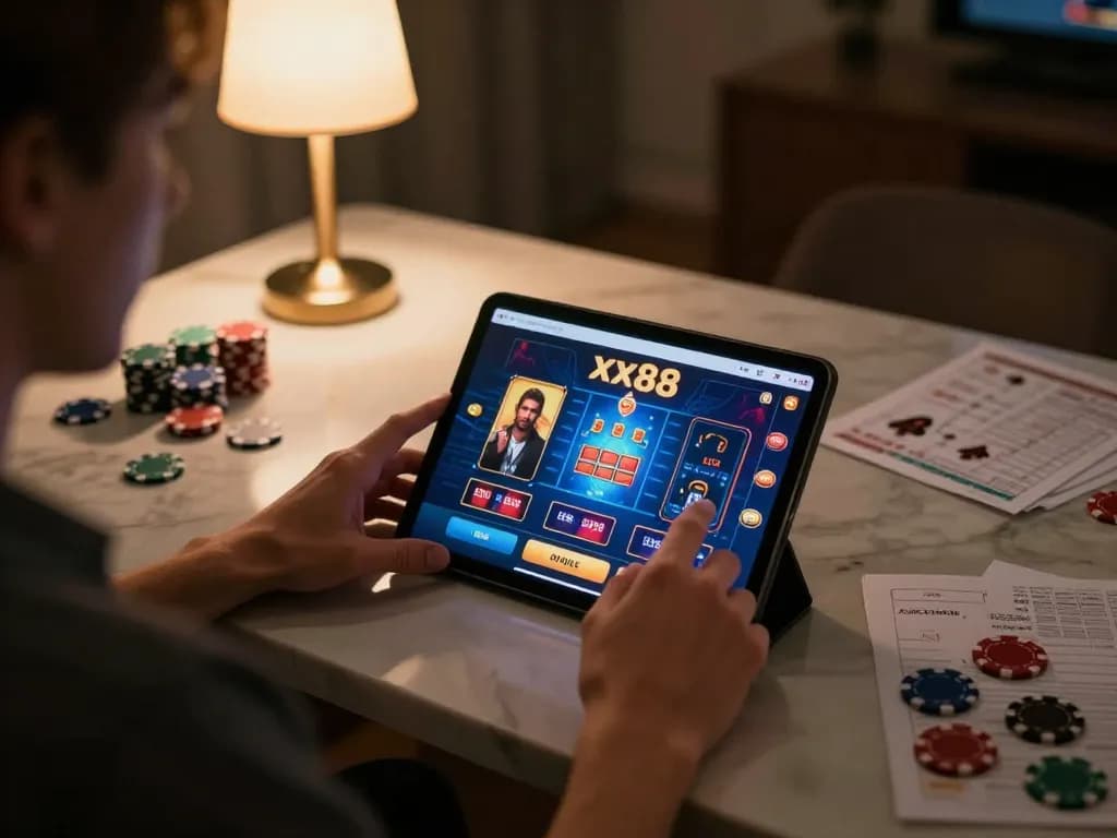 Player engaging with xx88's online casino platform, focused on gameplay and strategy within a cozy home setting.