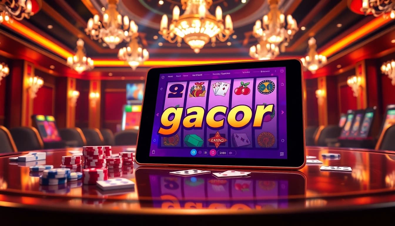 Experience slot gacor excitement in an opulent casino setting with vibrant slot machines and refined elements.