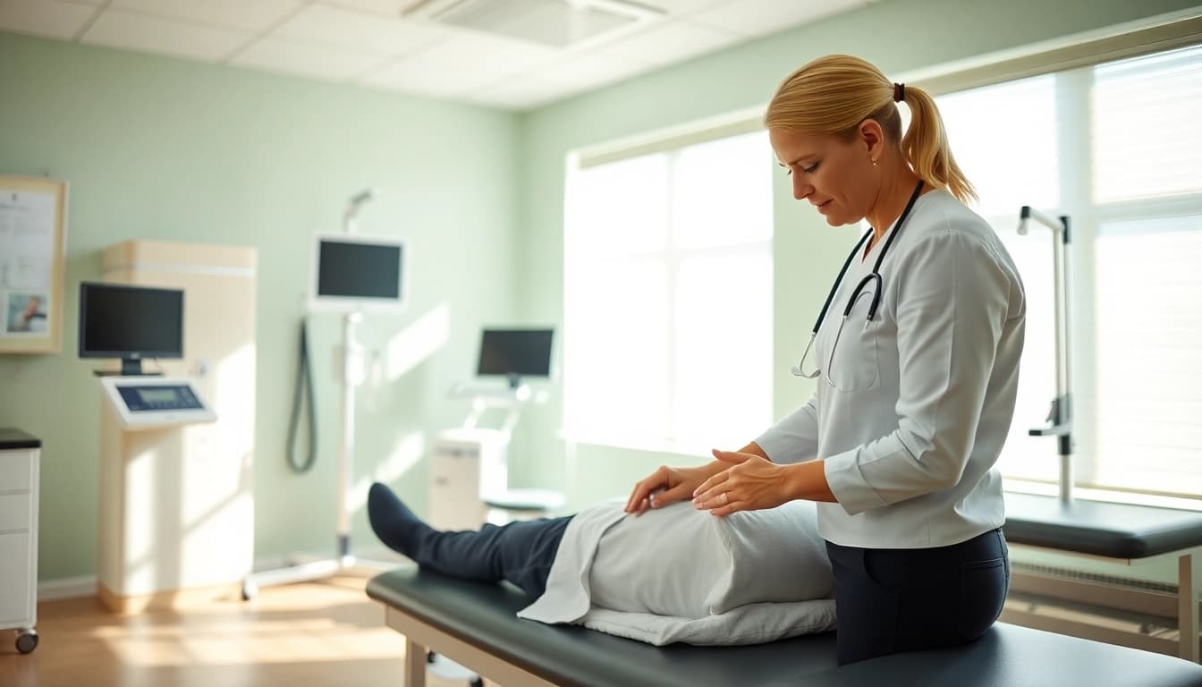 North Edmonton physiotherapy session with a therapist assisting a patient in a bright treatment room.