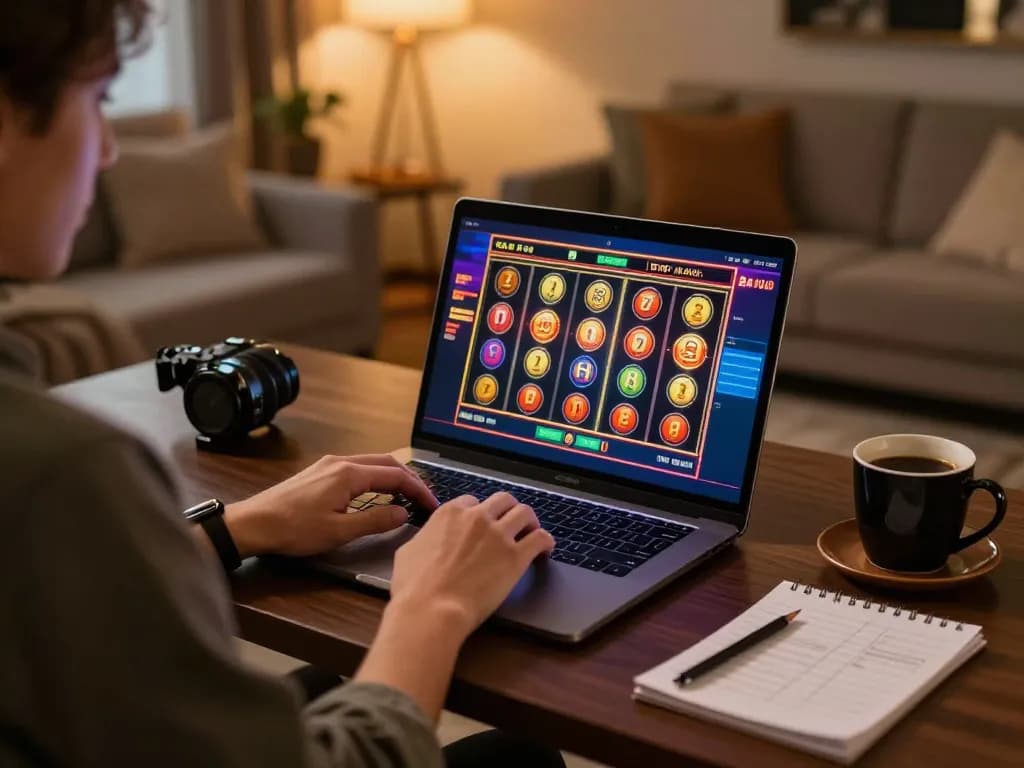 Engaging with thabet online slots from a comfortable home setup, emphasizing user experience.