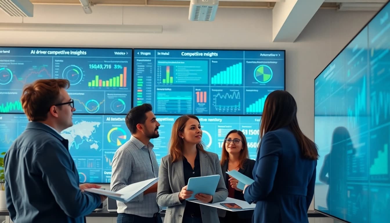Engaged professionals analyzing data for AI for competitor analysis in a modern office.