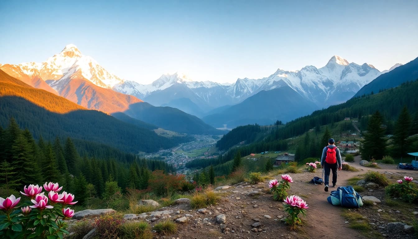 Manaslu Circuit trekking scene with hikers amidst stunning mountain views and lush valleys.