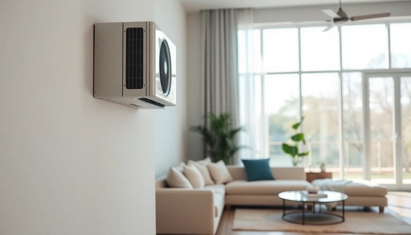 Install Mitsubishi mini split AC in a modern living room setting showcasing sleek design and comfort.
