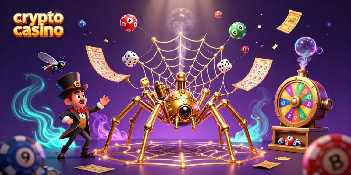 Azioni entusiasmanti in un crypto casino con una scena vivace di giochi e premi colorati.