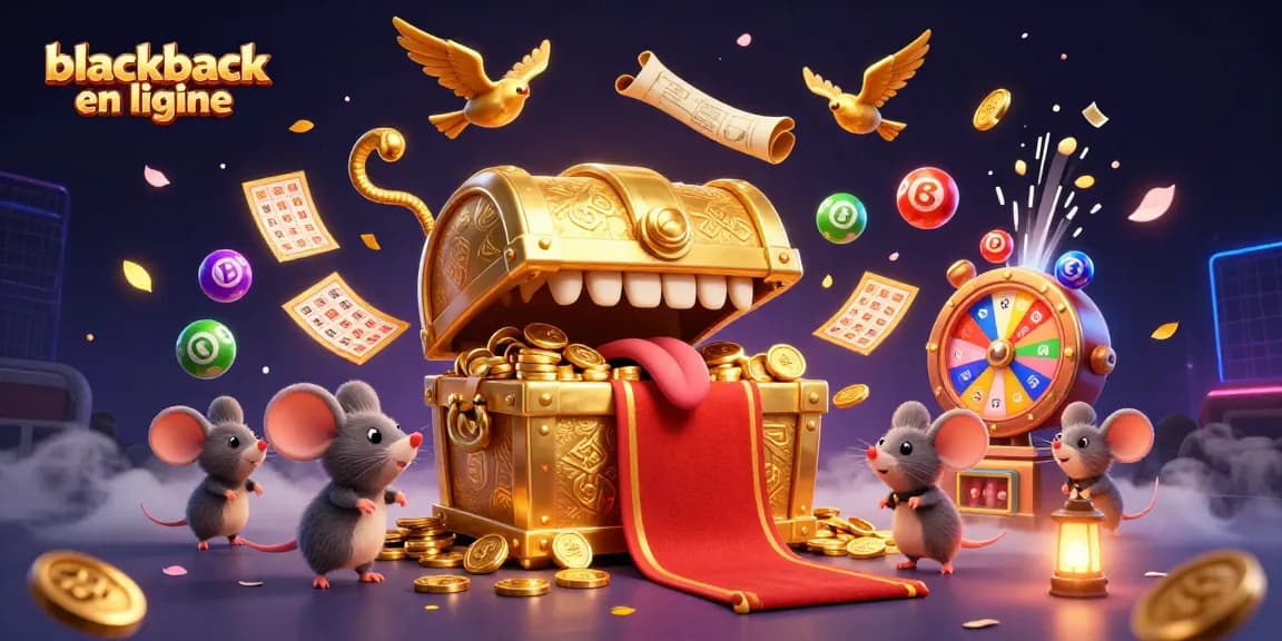 Jouez à blackjack en ligne avec cette illustration dynamique, un coffre au trésor l'attire avec des richesses.