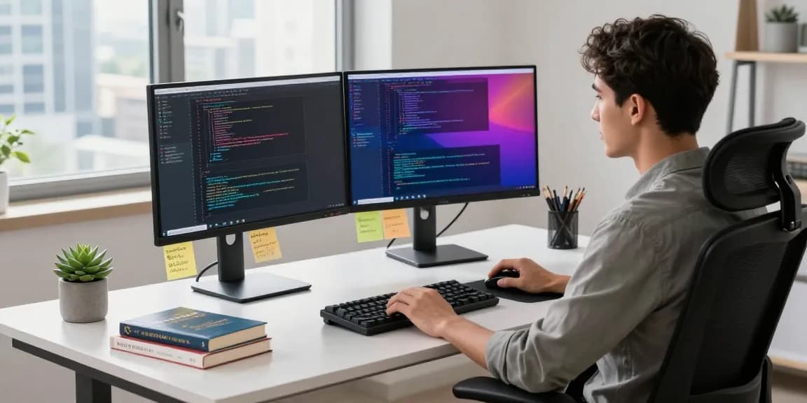Focused developer in a modern workspace coding for 纸飞机下载 app, showcasing dual monitors and inspiring tech elements.