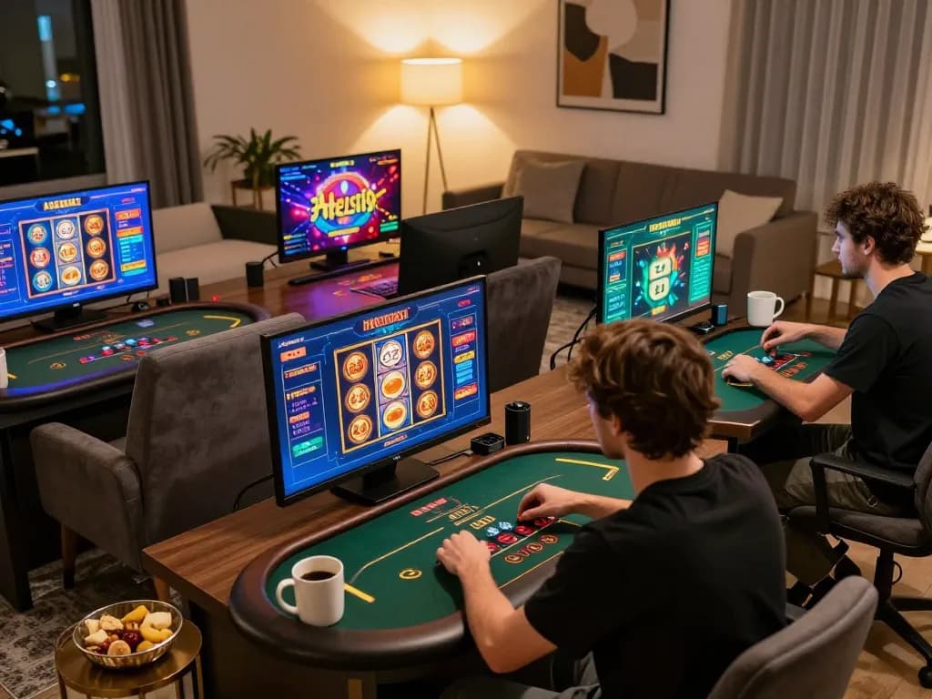 Player engaging with alexis77 online casino slots and poker games in a cozy home setting.