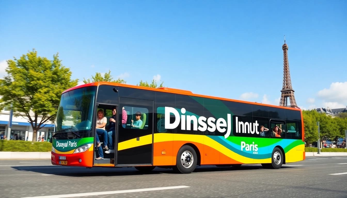 Enjoy Disneyland Paris airport transfer services with a vibrant shuttle bus welcoming passengers at CDG.