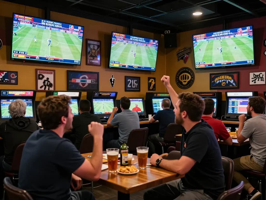 Sports betting excitement at a bar with people placing bets and watching games, including depo.