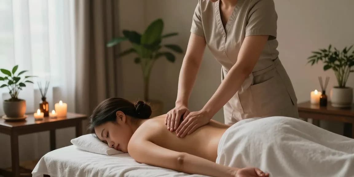 마사지 치료 중인 고객과 마사지사, 편안한 스파 환경
