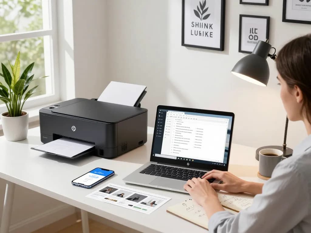 Efficient workspace with HP Smart Printer and e-signature app displayed on laptop screen.