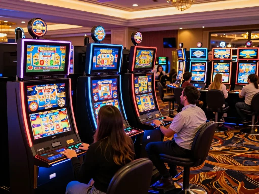 Players engaging with vibrant link slot machines in an upscale casino, celebrating big wins amidst lively atmosphere.