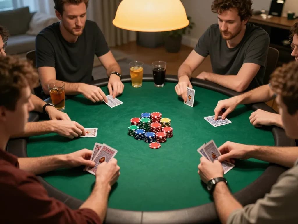Players strategizing and betting in a lively home poker game, showcasing the excitement of vipwin.