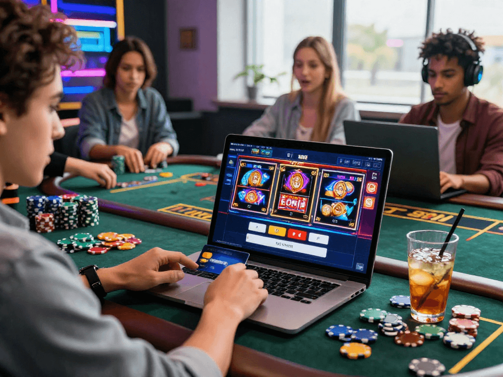 Exciting scene at casinos that accept Mastercard credit card, showcasing diverse players engaging with digital games on laptops.