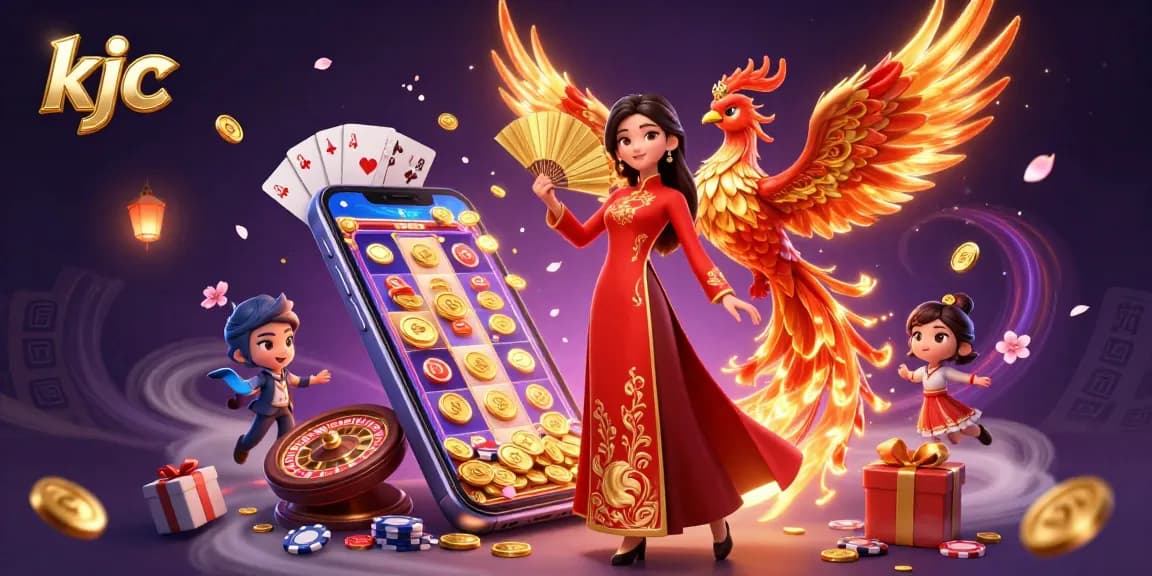 Engage with the stunning KJC casino scene featuring a radiant ao dai character, phoenix, and gold coins.