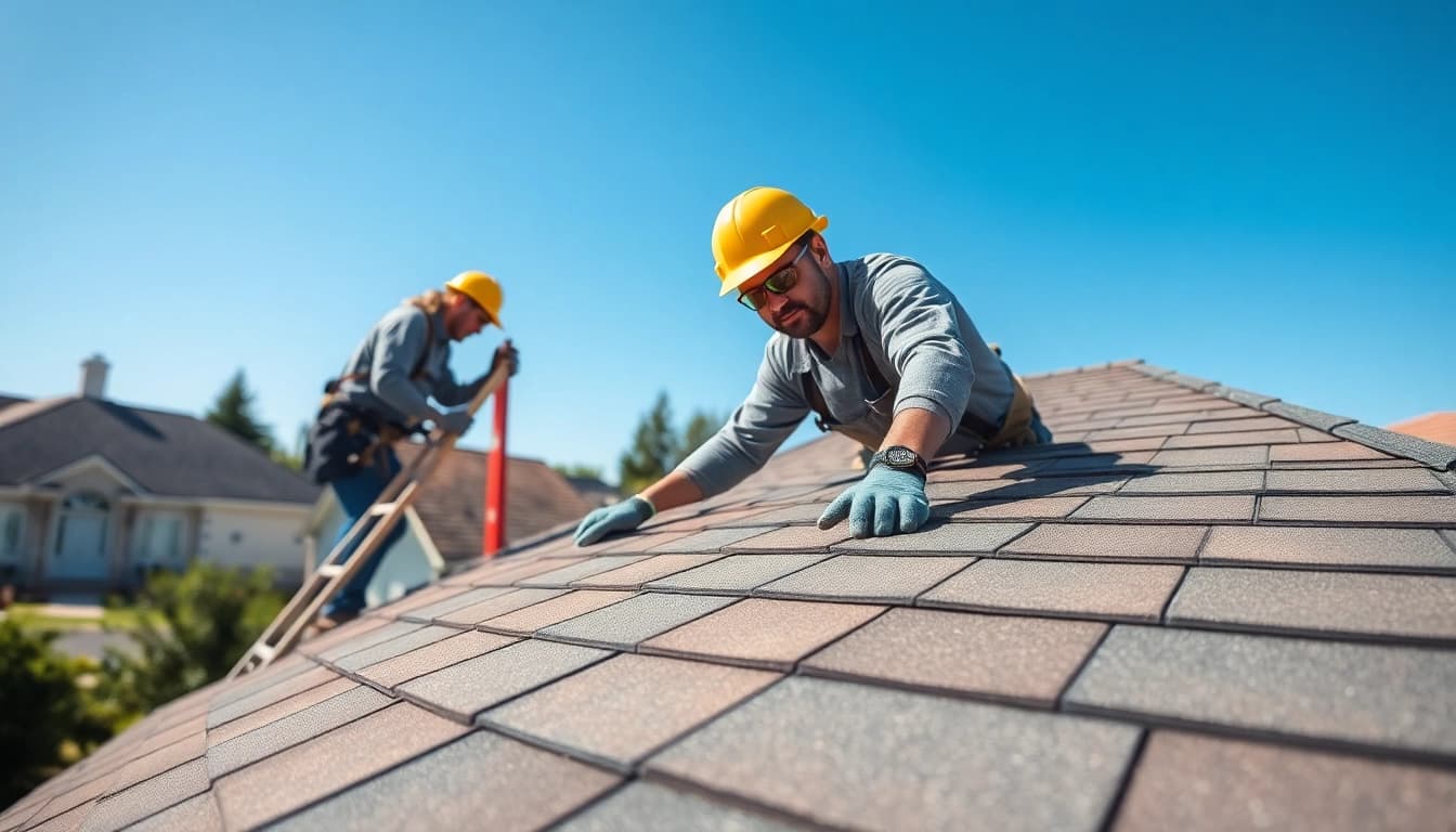 Roofing contractor skillfully installing shingles on a residential home.