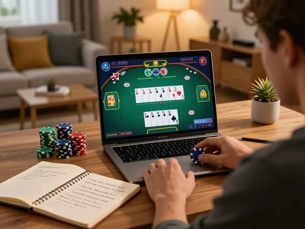 SLOT6000 player engaged in online poker game at home with strategy notes visible, highlighting responsible gaming.