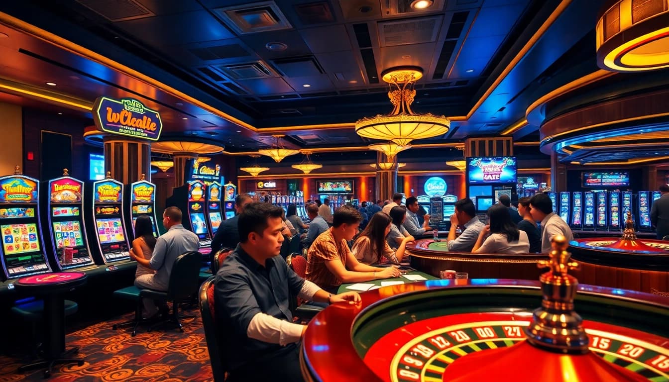 Experience exhilarating gameplay at situs deposit 5k with vibrant slot machines and eager gamblers.