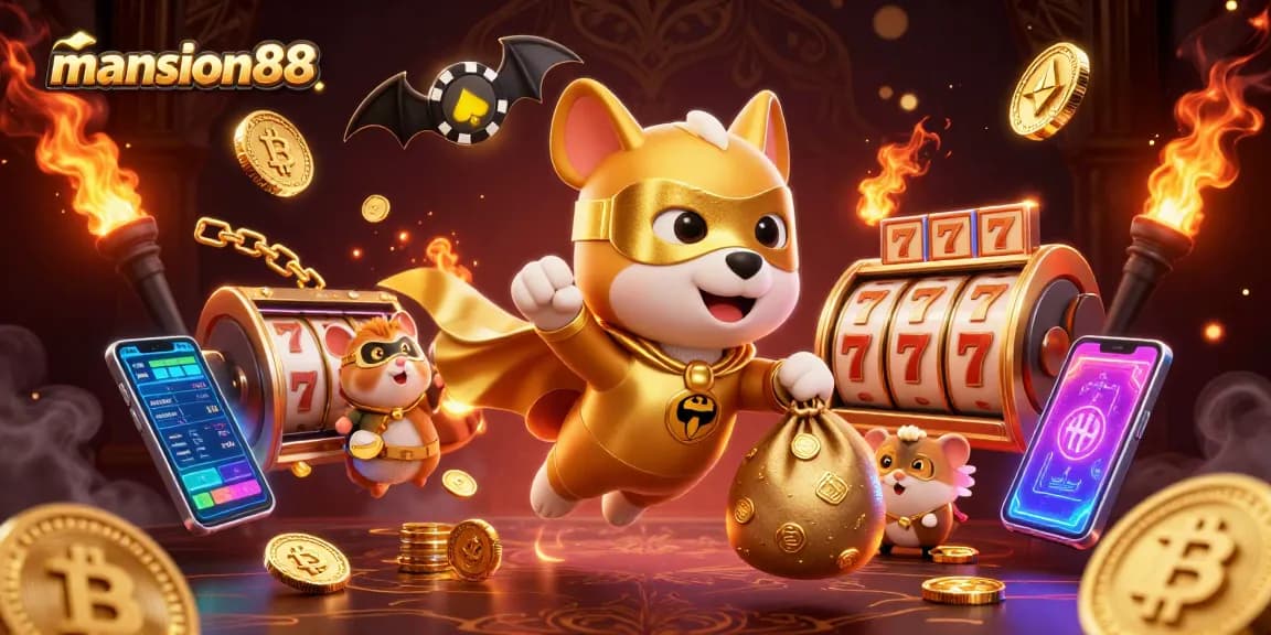 Experience excitement at mansion88 with a superhero dog flying over a lively casino scene filled with slot games and crypto elements.