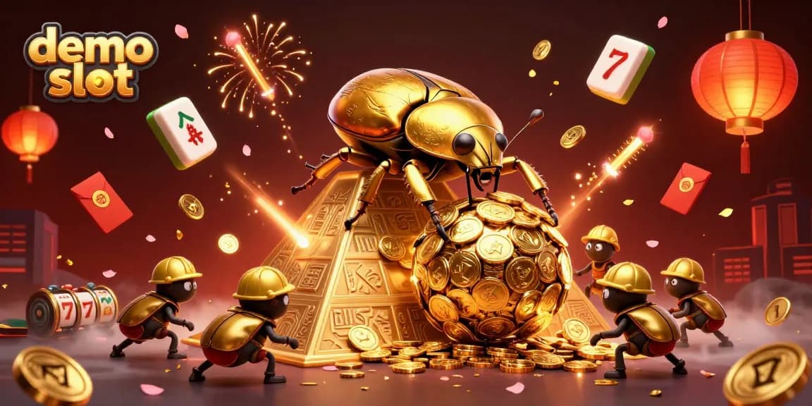 Engage with demo slot game visuals featuring golden beetles and floating casino elements.