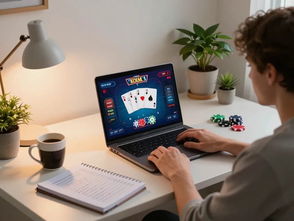 SC88 player enjoying online poker at home, showcasing a vibrant atmosphere with strategic betting notes.