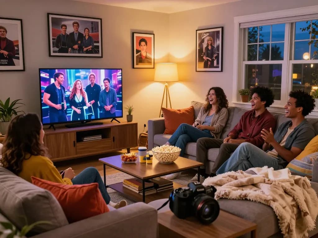 Friends enjoying top 7 Shows Binge worthy shows in a cozy living room setting.