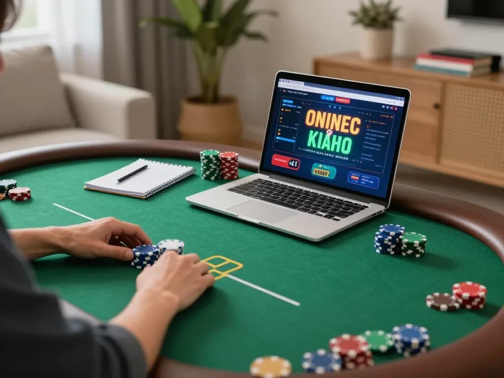 Participant playing dn88 online poker at home with strategic notes and chips visible