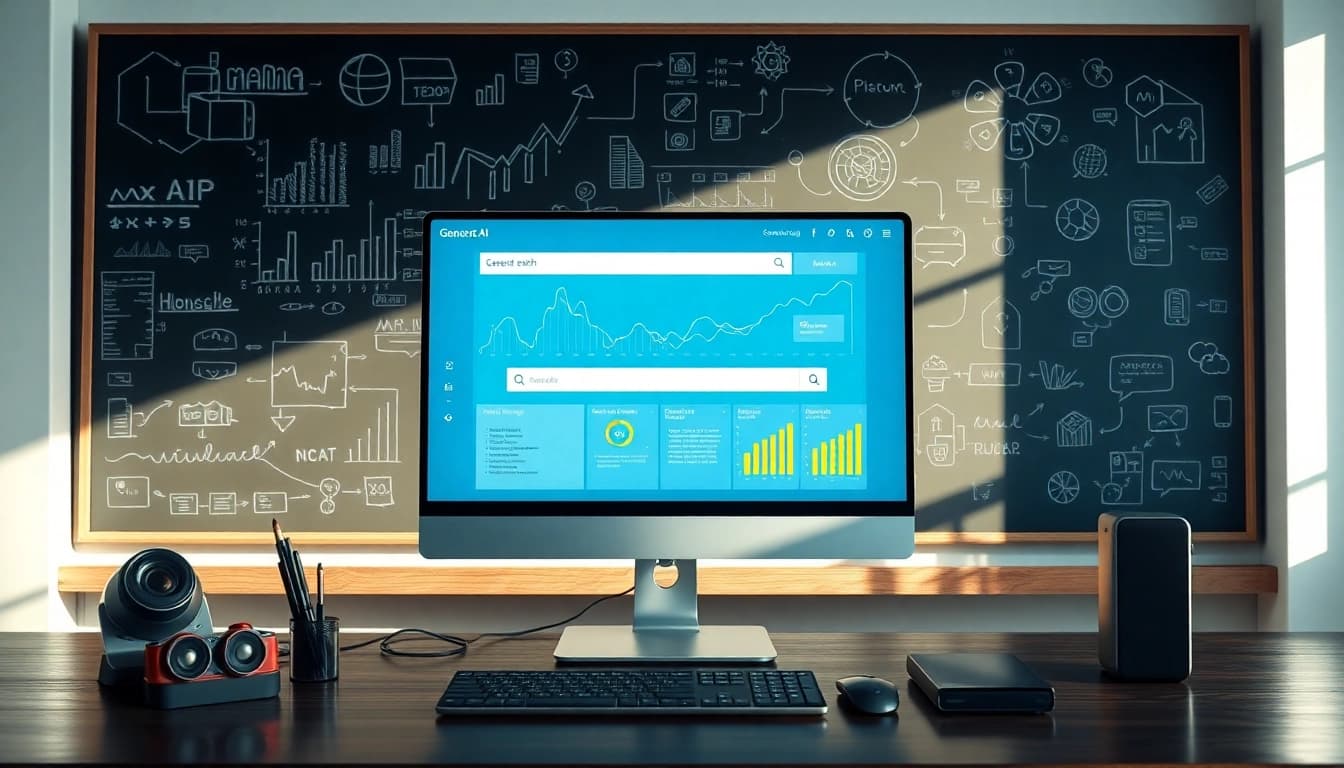 Illustration of generative KI-Suchsysteme on a computer screen with dynamic data visuals.