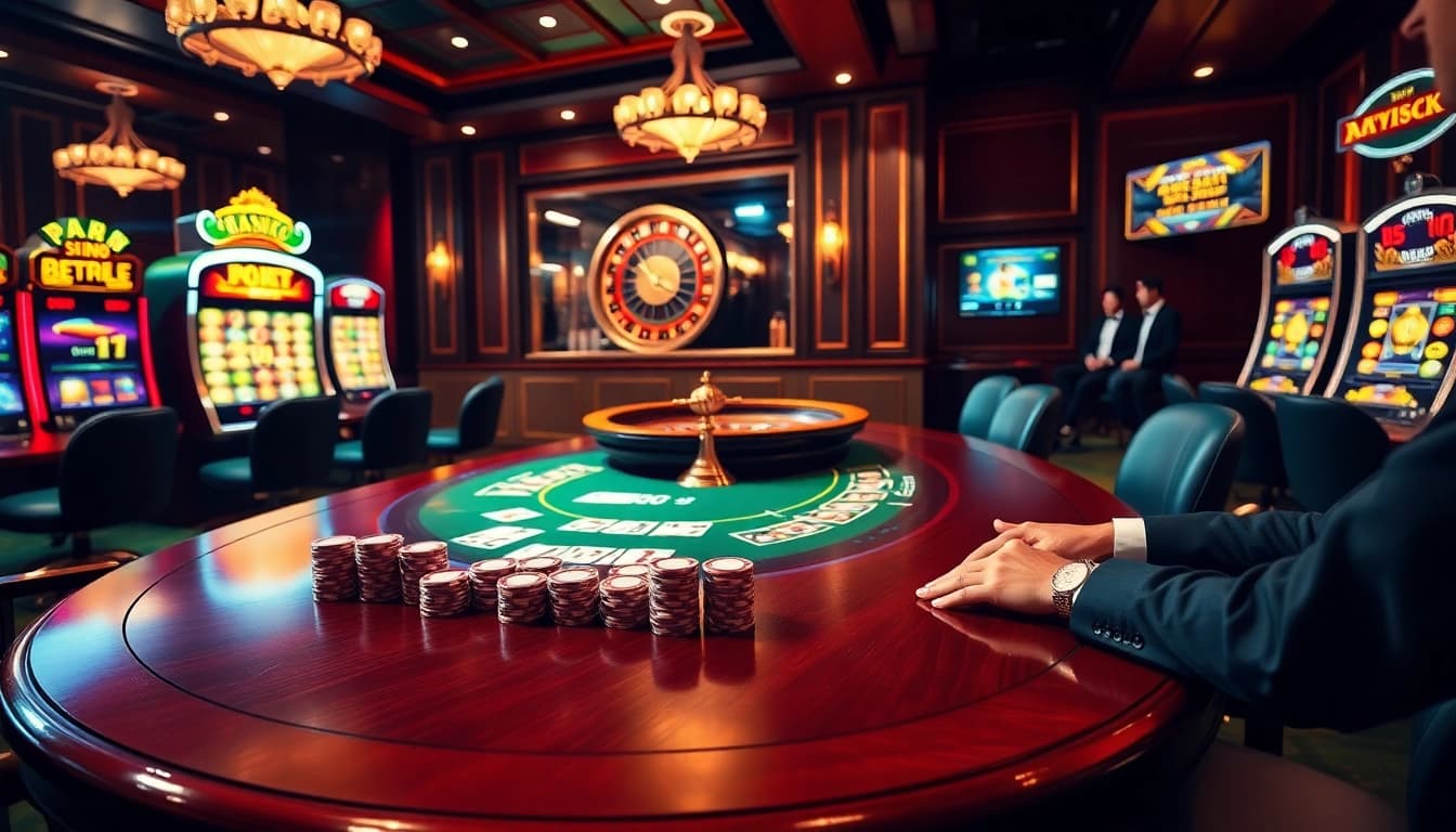 Scène engageante dans un casino en ligne mettant en avant des joueurs à une table de poker, une roulette et des machines à sous.