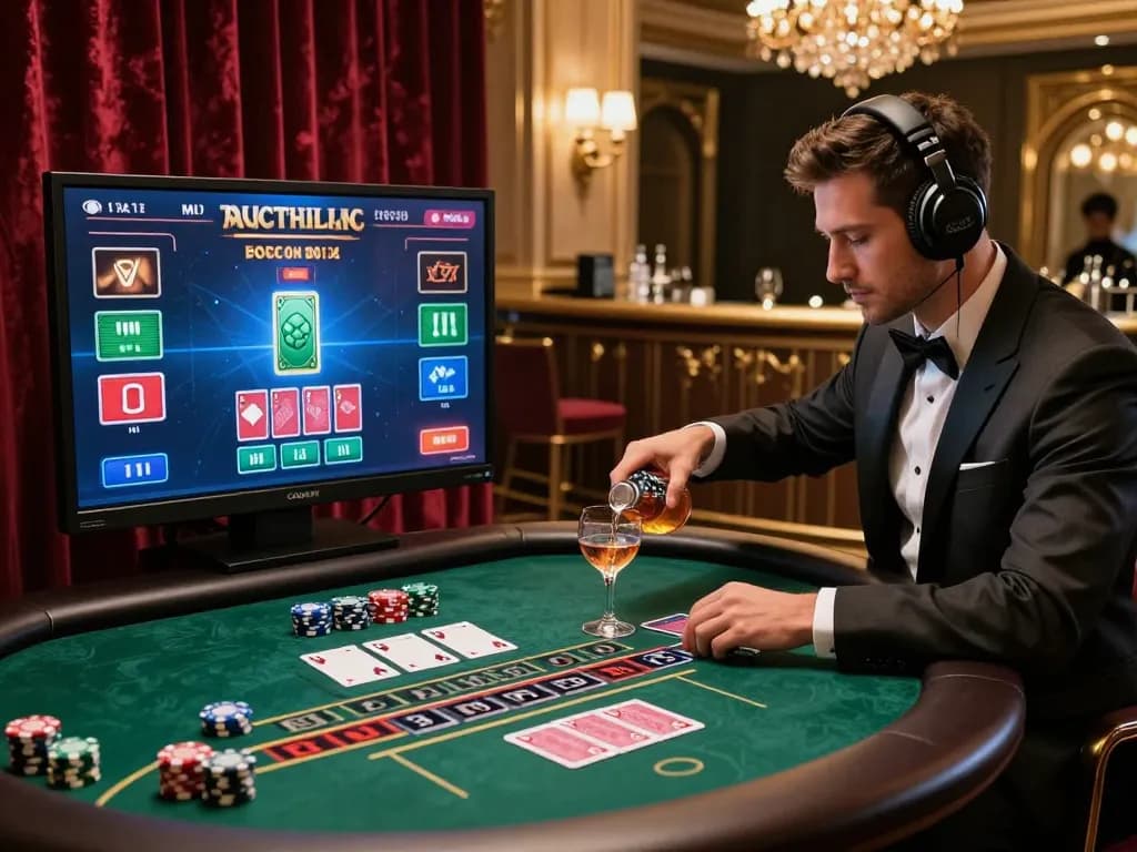 Engaging atmosphere of an online 바카라사이트 featuring a sophisticated player at a virtual baccarat table.