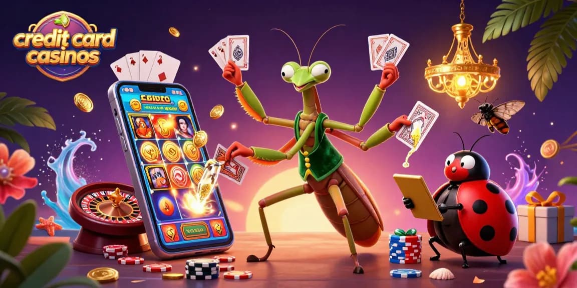 Engaging scene of credit card casinos showcasing vibrant characters, games, and excitement.
