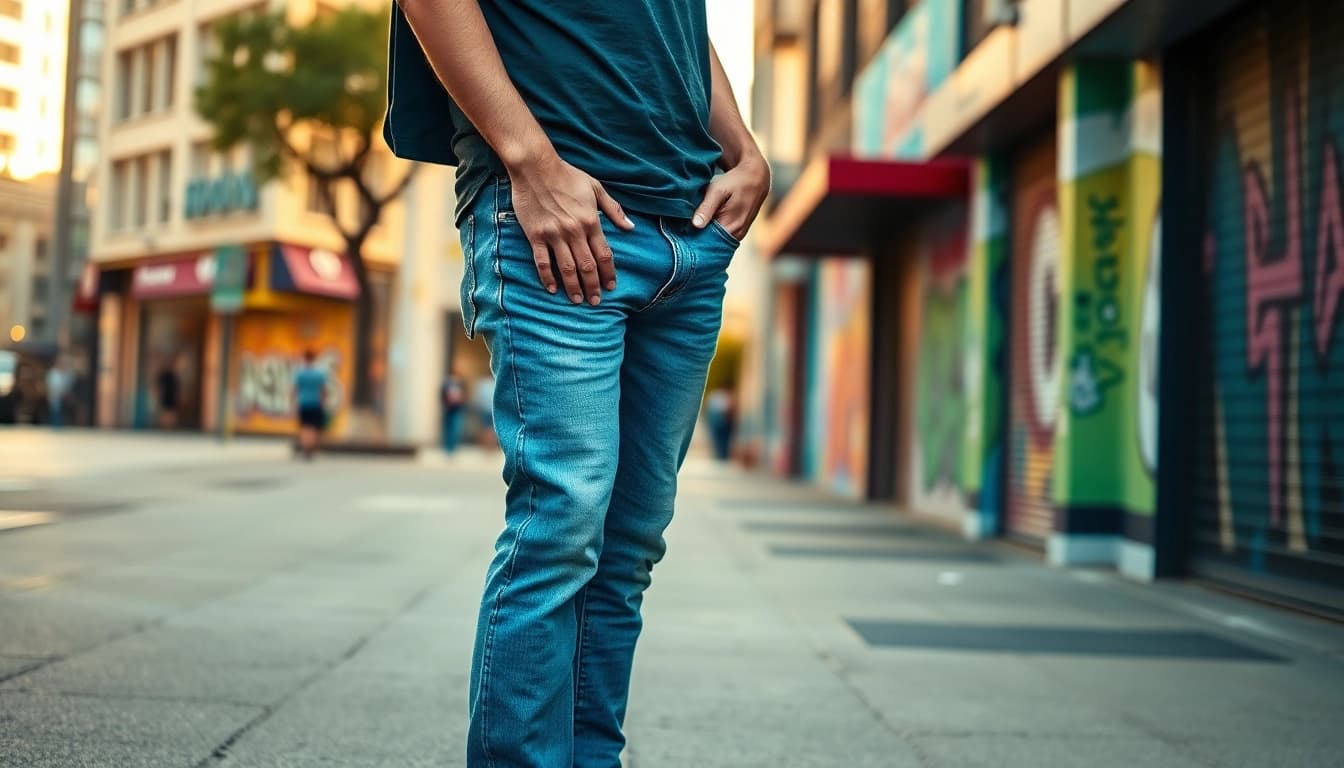 Young man showcasing mens stretch jeans while confidently posing in an urban setting.