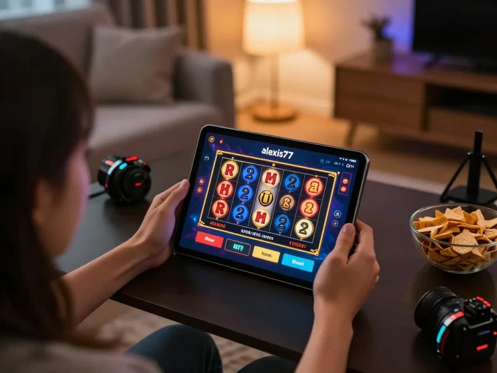 Engaging in online gaming on the alexis77 platform, showcasing vibrant slot reels and cozy home setup.