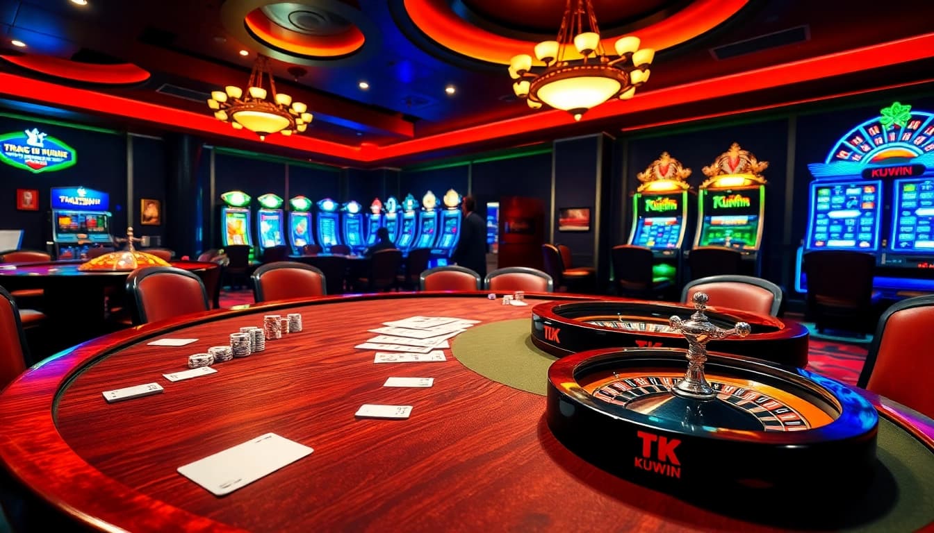 Exciting casino scene showcasing Trang Chủ Kuwin with players at a poker table, roulette wheel, and glowing slot machines.