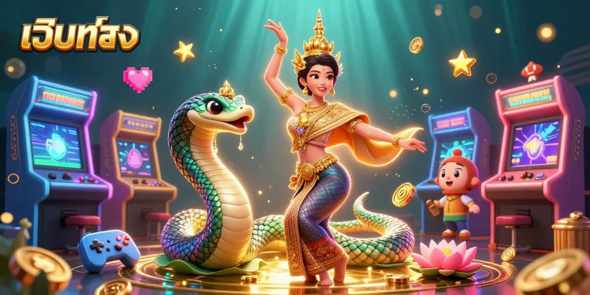 สัมผัสความสนุกสนานกับ เว็บตรง ผ่านการเล่นเกมที่ดื่มด่ำ มีนักเต้นไทยและพญานาคอยู่ในบรรยากาศของเกมอาร์เคด