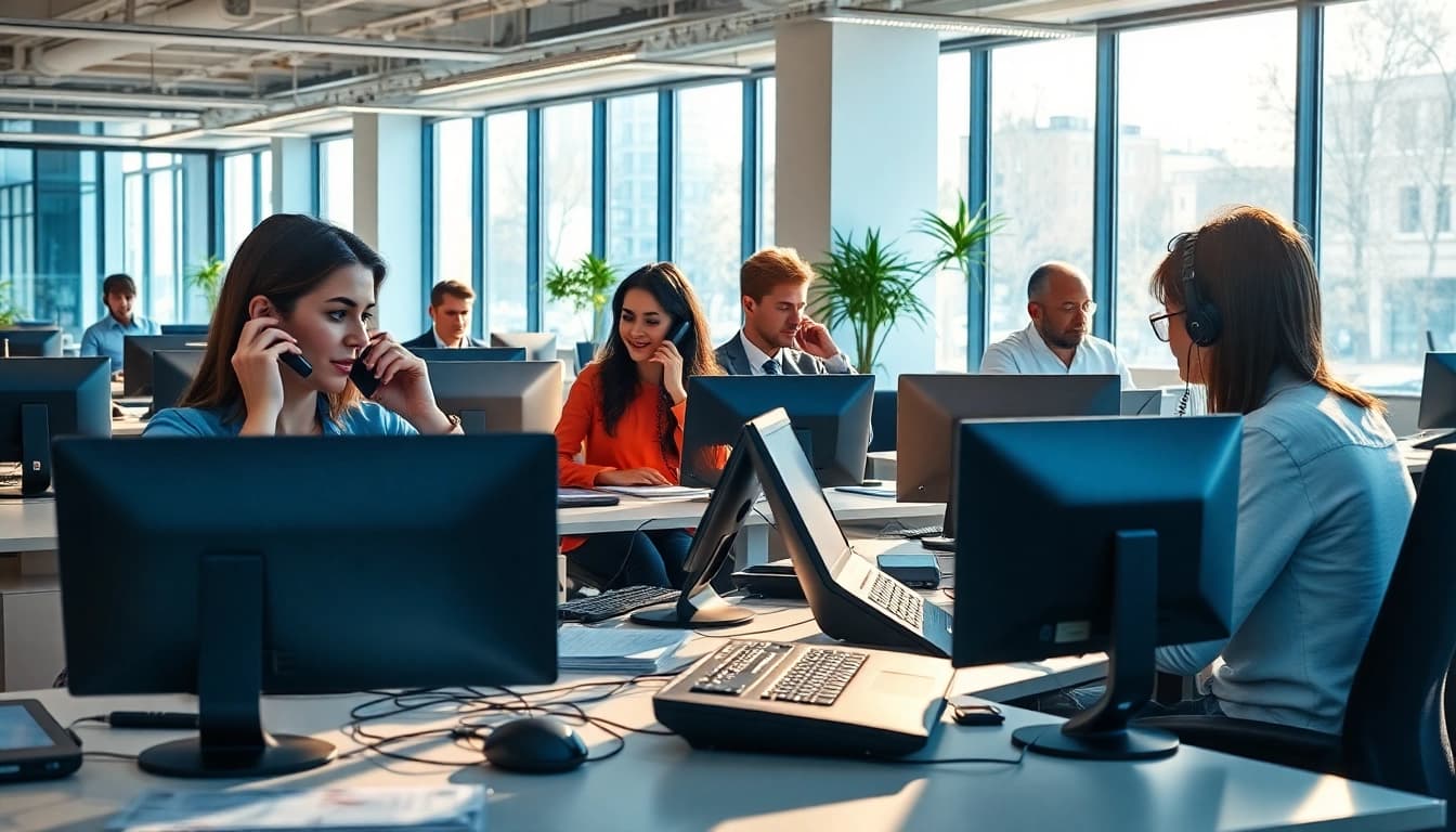Showcase employees using advanced business phone providers technology in a modern office.
