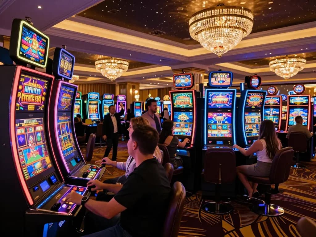 Rút Tiền cm88 at a vibrant casino floor with players celebrating wins and engaging with slot machines.