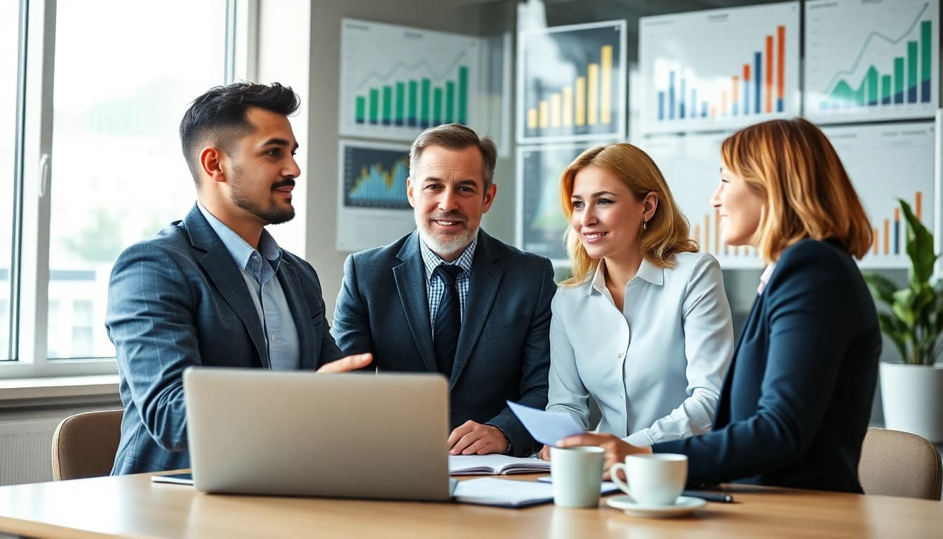Business growth insights illustrated with professionals brainstorming strategies in a modern office.