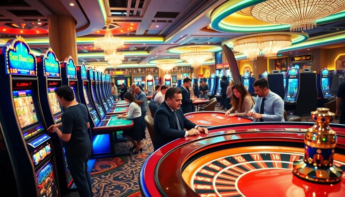 Sparking excitement at SLOT365 with vibrant slot machines and casino tables full of players.