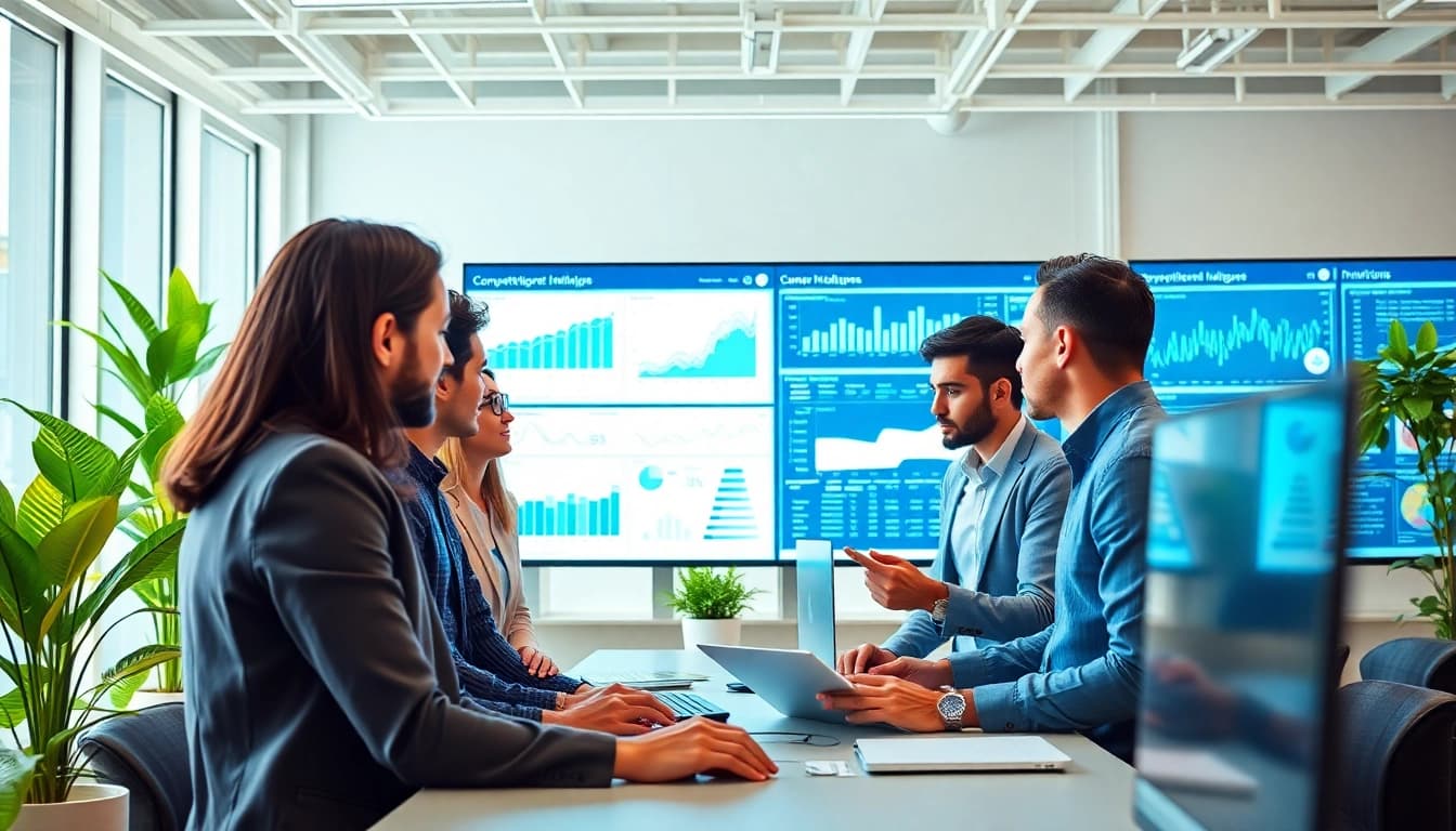 AI for competitive intelligence team analyzing data insights in a modern workspace.