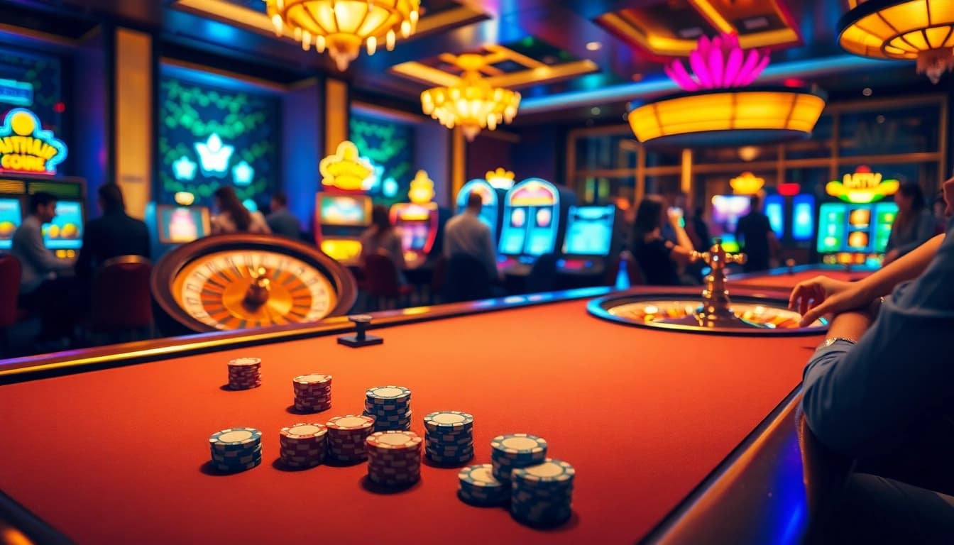 Scène de jeu de poker énergique présentant des stratégies et de l'excitation du casino en ligne.