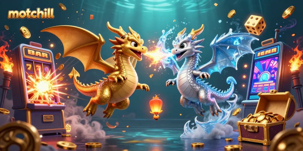 Experience the thrill of motchill with twin dragons battling casino elements in vibrant detail.