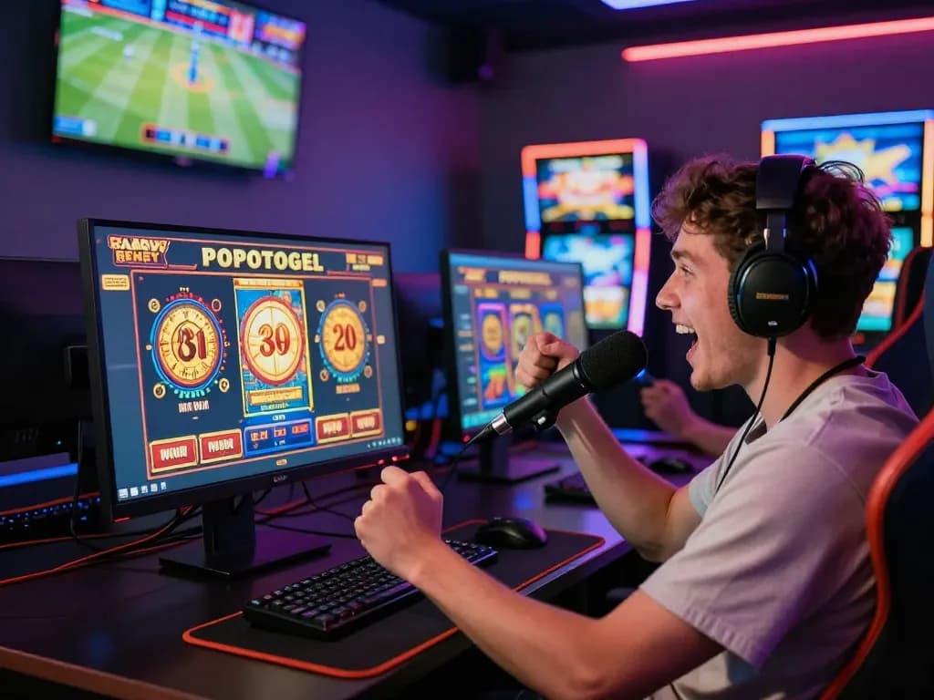 Gamer celebrating a win on POPOTOGEL: Situs Toto Slot Gacor Depo 10k Via Qris & Slot777 Gampang Menang Hari Ini 2026 with vibrant gaming setup.